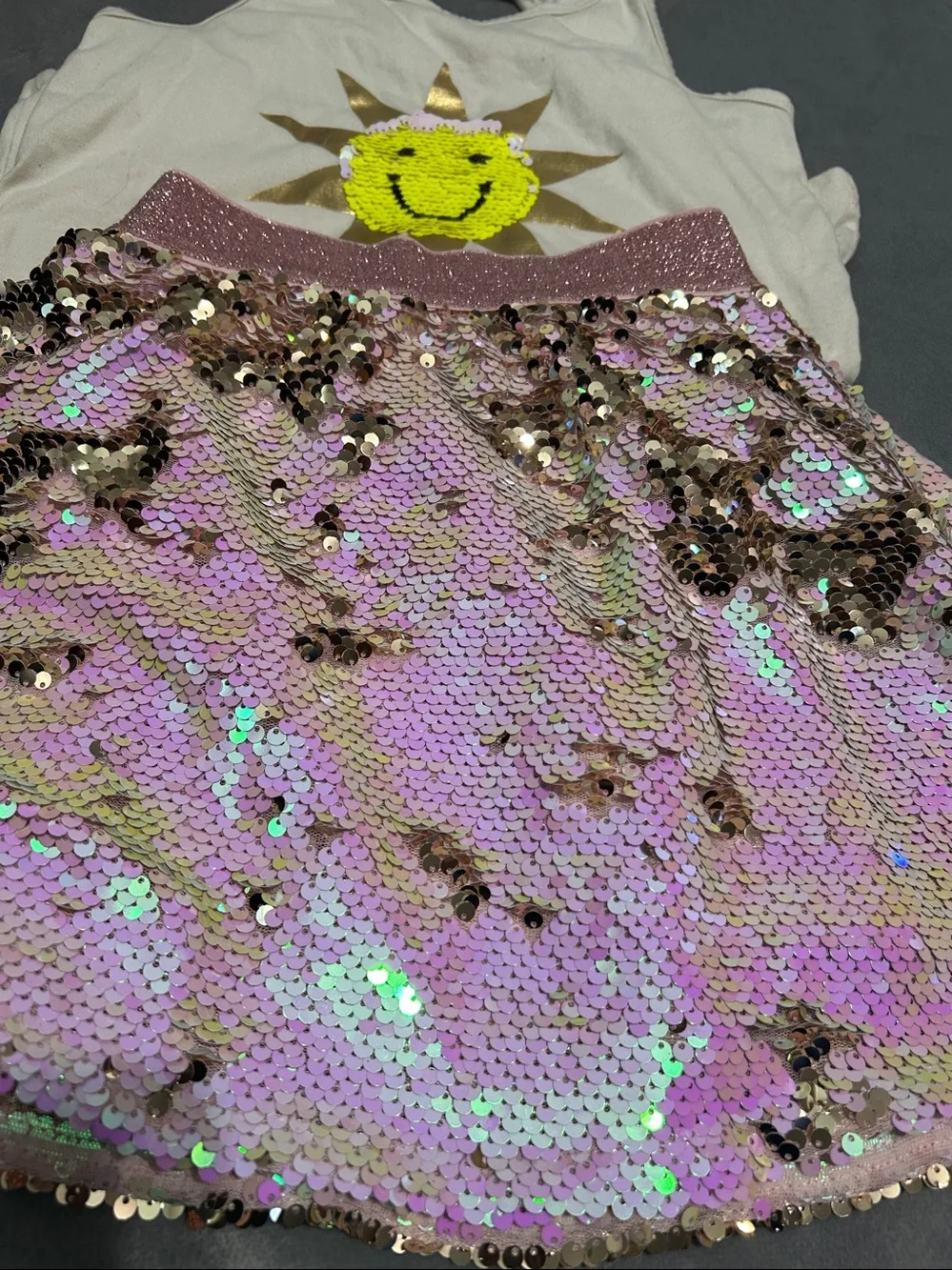 Girls Iridescent Pink Sequin Skirt & Cream Sun Tank Set